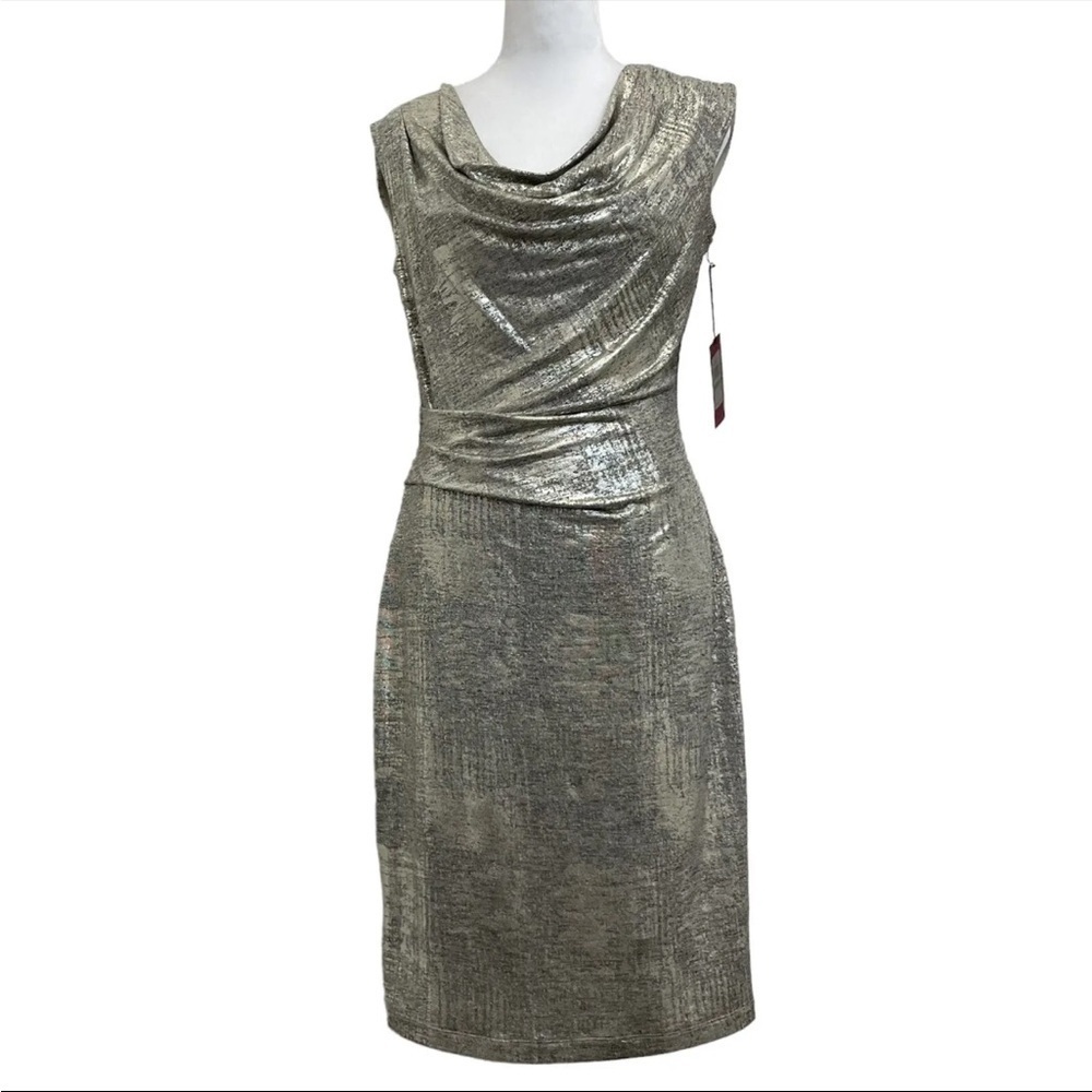 Vince Camuto Metallic Gold Cowl Drape Neck Midi Cocktail Dress